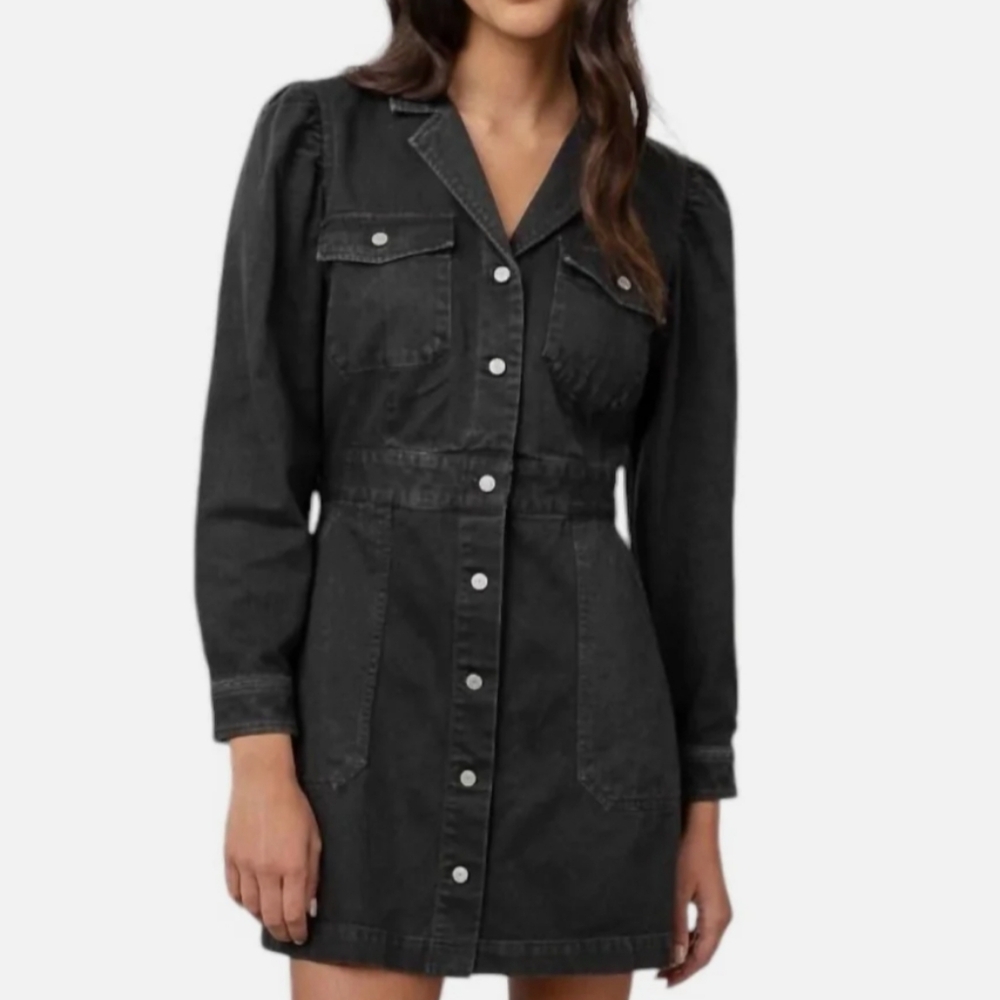 Rails LISETTE Denim Mini Short Dress Lng Sleeve Button Down Front Black Designer
